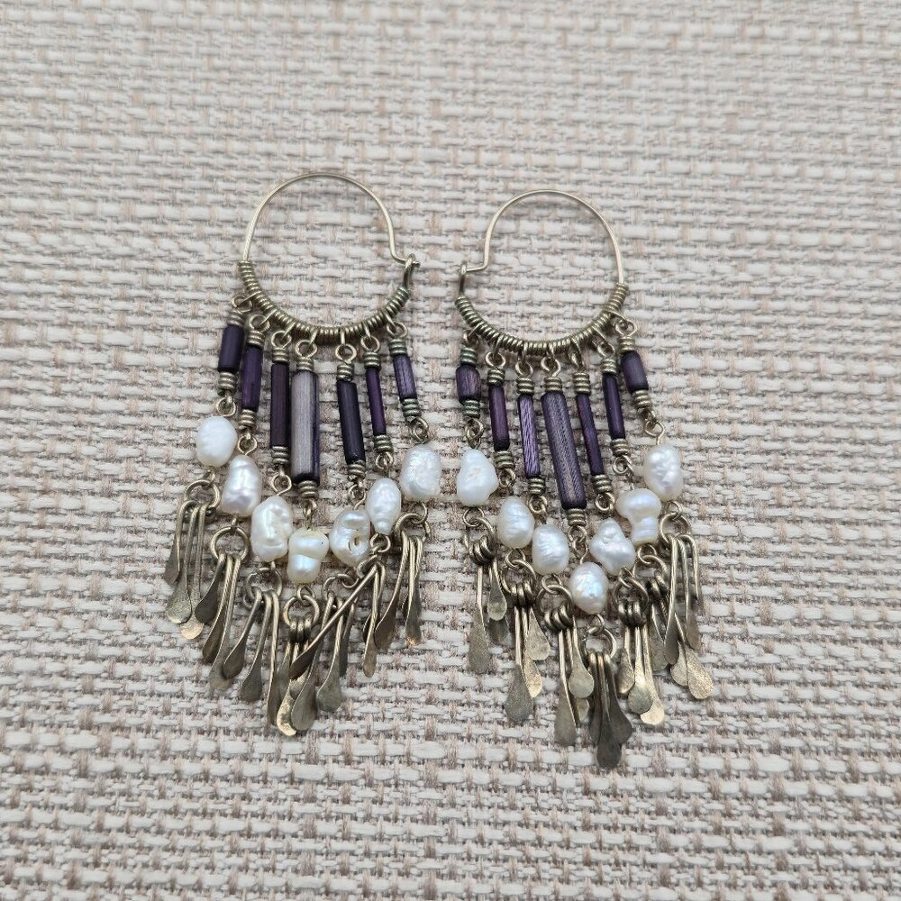 Silver Plated Genuine Pearls And Shell Rustic Earrings A6474